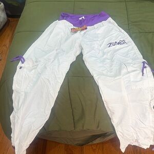 Zumba Fitness White & Purple Dance Pants with Colorful Logo Tag
